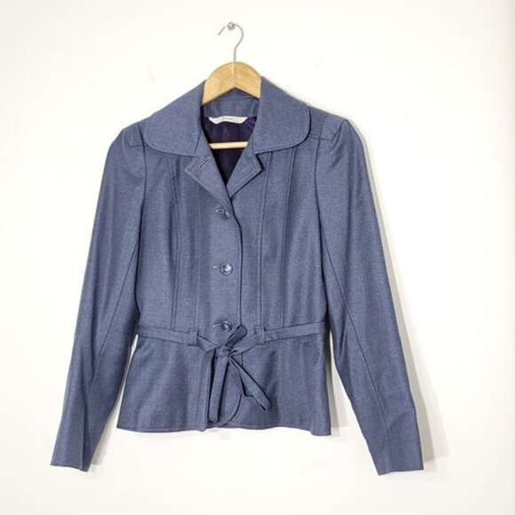 Jocardi Vintage Blue 100% Wool Button-Down Tie Waist Flat Collar Jacket Size 6 - Picture 1 of 10